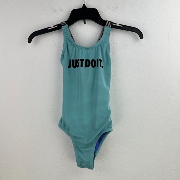 Nike Swimsuit Kids Small Blue Just Do It One Piece Activewear Swimwear Racerback - Picture 1 of 8